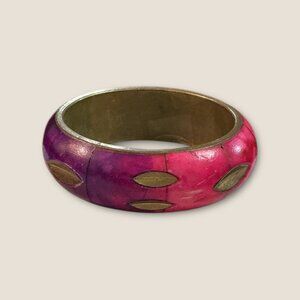 Vintage Multicolor Wooden & Brass Inlay Bangle Bracelet 2.5" Diameter Boho Style